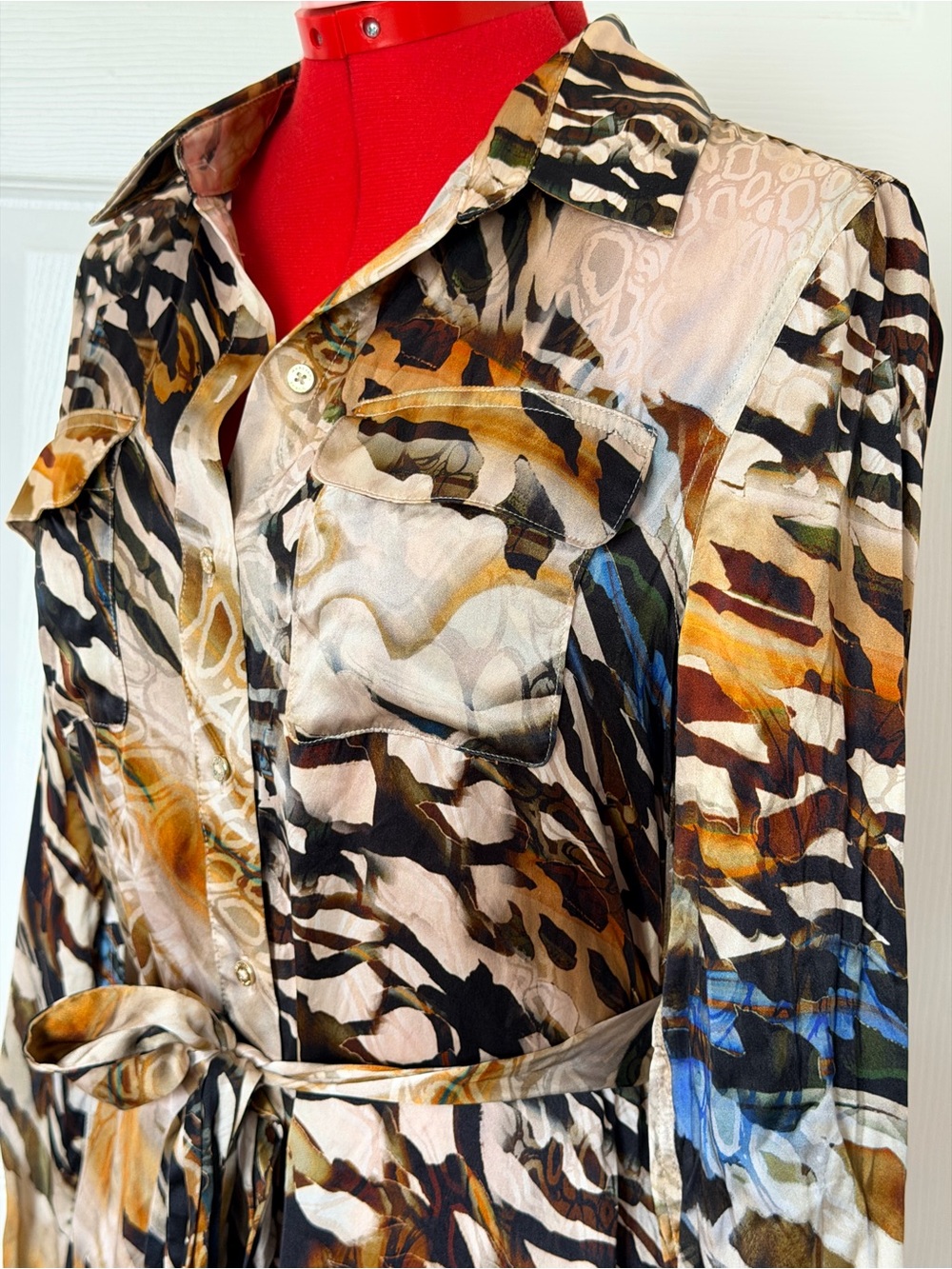 $280 NWOT Marciano Guess 100% Silk Animal Print Shirt Dress Tunic XS–S Belted - Picture 4 of 9